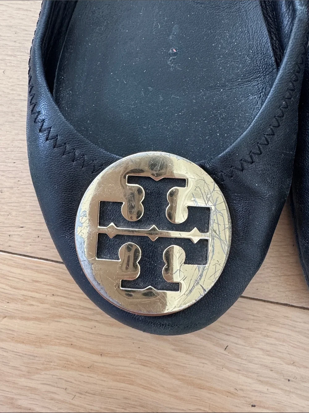 Tory Burch Black Ballet Flats with Gold Logo Medallions